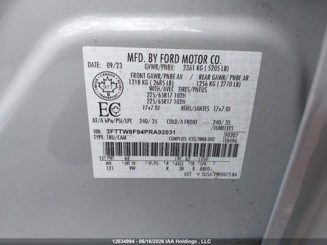 12634994 :رقم المزاد ، 3FTTW8F94PRA92031 vin ، 2023 Ford Maverick Lariat/xl/xlt مزاد بيع