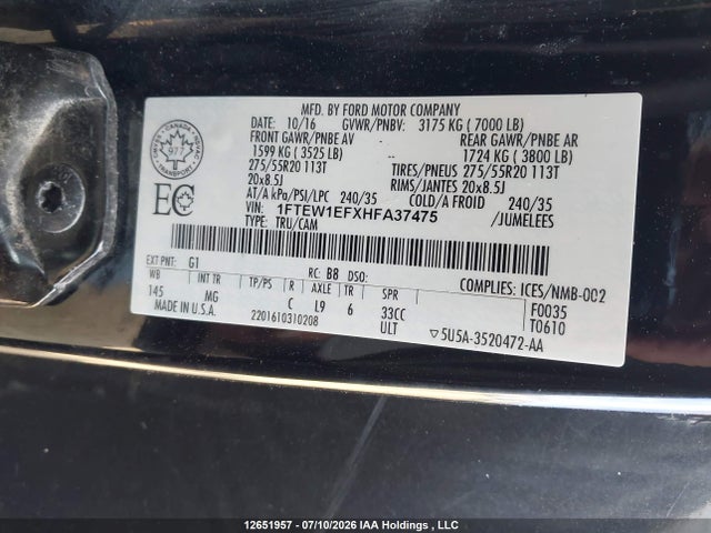 Продаж на аукціоні авто 2017 Ford F-150, vin: 1FTEW1EFXHFA37475, номер лоту: 12651957