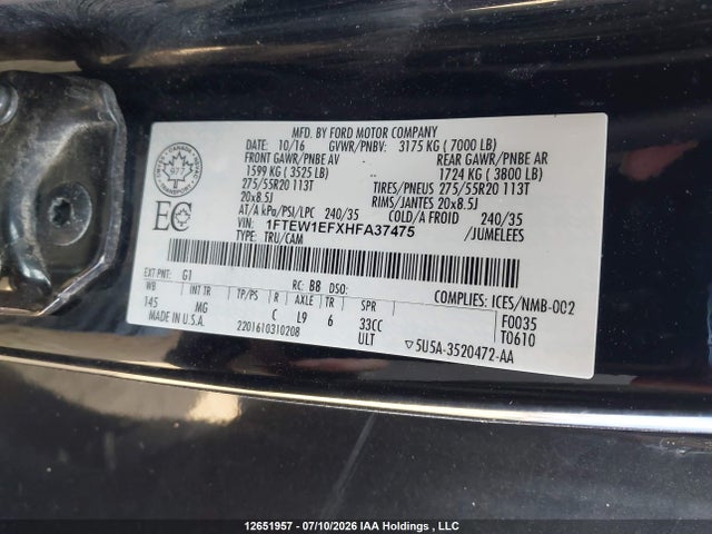 Продаж на аукціоні авто 2017 Ford F-150, vin: 1FTEW1EFXHFA37475, номер лоту: 12651957