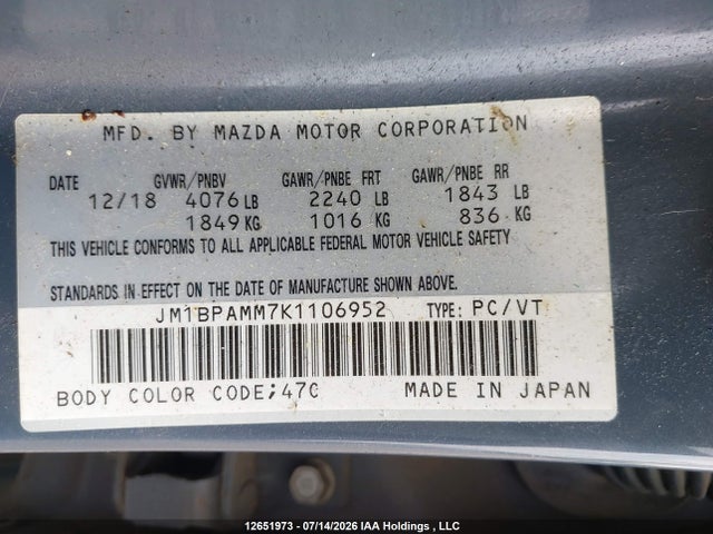Продажа на аукционе авто 2019 Mazda Mazda3 Gt, vin: JM1BPAMM7K1106952, номер лота: 12651973