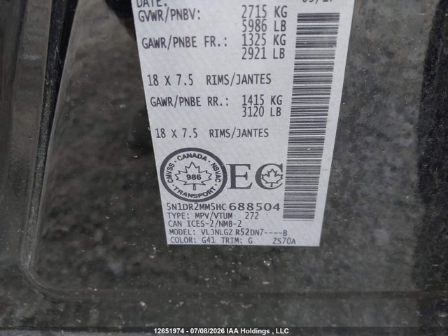5N1DR2MM5HC688504 Nissan Pathfinder Platinum/s/sl/sv