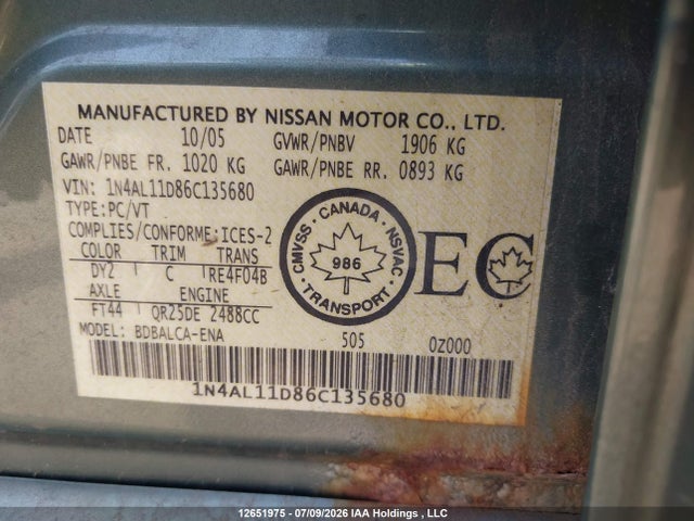 Продаж на аукціоні авто 2006 Nissan Altima S/sl, vin: 1N4AL11D86C135680, номер лоту: 12651975