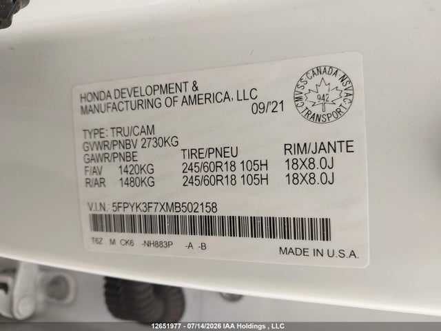 Honda Ridgeline 2021 5FPYK3F7XMB502158 Image 9