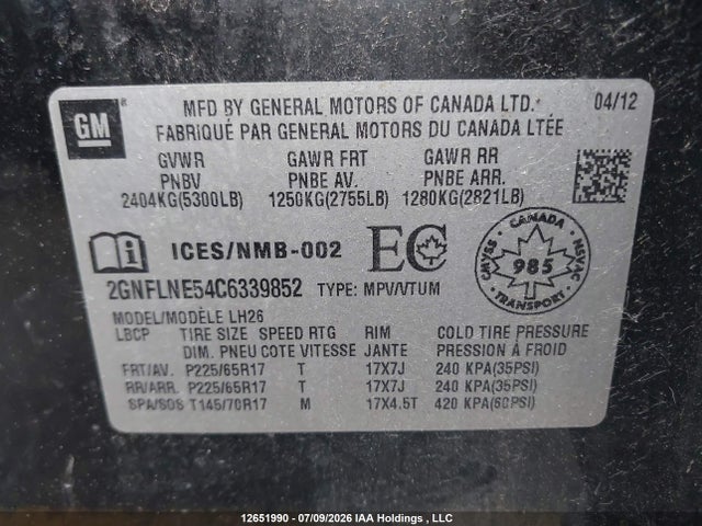 2012 Chevrolet Equinox 2lt მანქანა იყიდება აუქციონზე, vin: 2GNFLNE54C6339852, აუქციონის ნომერი: 12651990