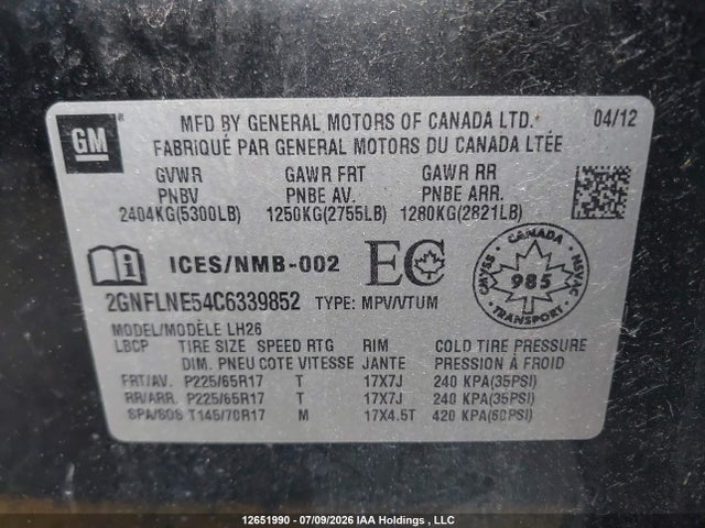 2012 Chevrolet Equinox 2lt მანქანა იყიდება აუქციონზე, vin: 2GNFLNE54C6339852, აუქციონის ნომერი: 12651990