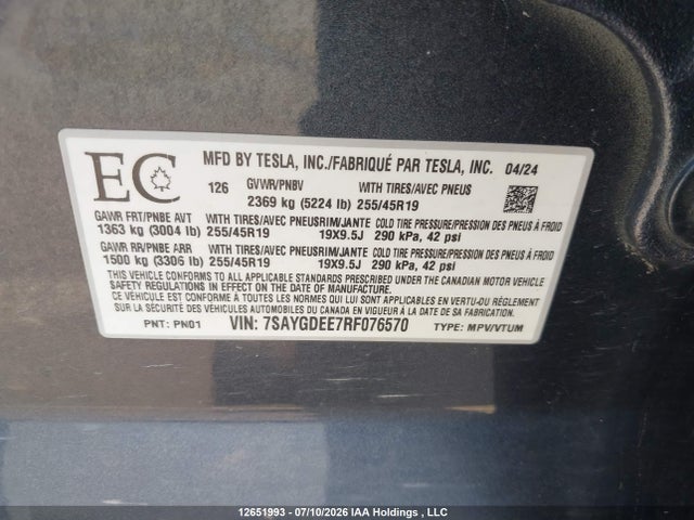 Tesla Model Y Long Range 2024 7SAYGDEE7RF076570 Image 9