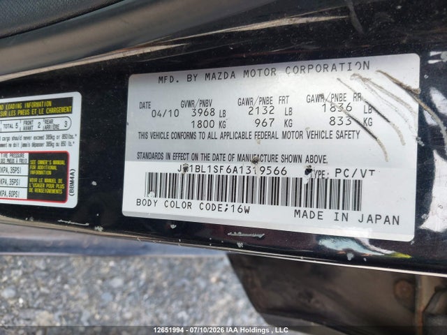 12651994 :رقم المزاد ، JM1BL1SF6A1319566 vin ، 2010 Mazda Mazda3 Gs/gx مزاد بيع