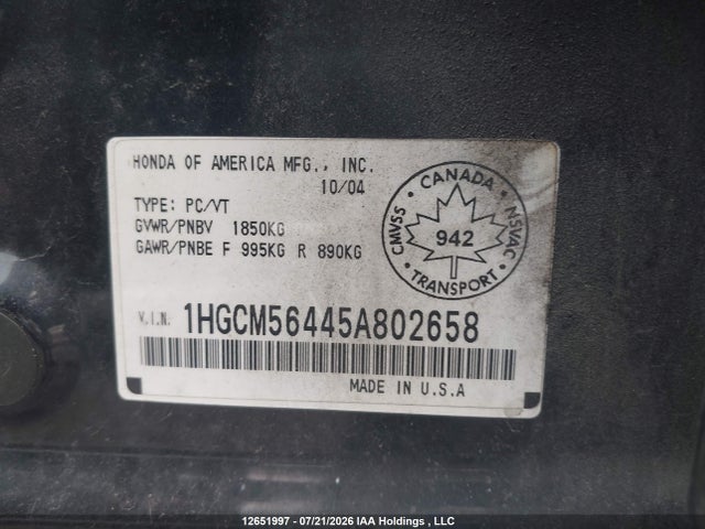 Продаж на аукціоні авто 2005 Honda Accord Lx-g, vin: 1HGCM56445A802658, номер лоту: 12651997