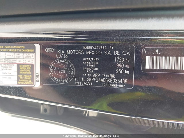 12651998 :رقم المزاد ، 3KPF24AD6KE035438 vin ، 2019 Kia Forte مزاد بيع