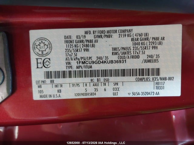 Продажа на аукционе авто 2019 Ford Escape Se, vin: 1FMCU9GD4KUB36931, номер лота: 12652000
