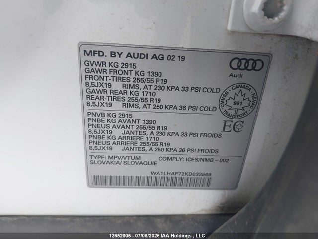 12652005 :رقم المزاد ، WA1LHAF72KD033569 vin ، 2019 Audi Q7 45 Progressiv مزاد بيع