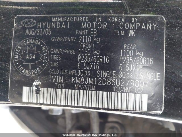 12652008 :رقم المزاد ، KM8JM12D86U279807 vin ، 2006 Hyundai Tucson Gl V6 مزاد بيع