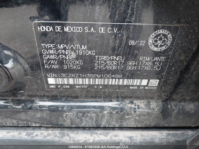 12652014 :رقم المزاد ، 3CZRZ1H35PM100498 vin ، 2023 Honda Hr-v Lx مزاد بيع