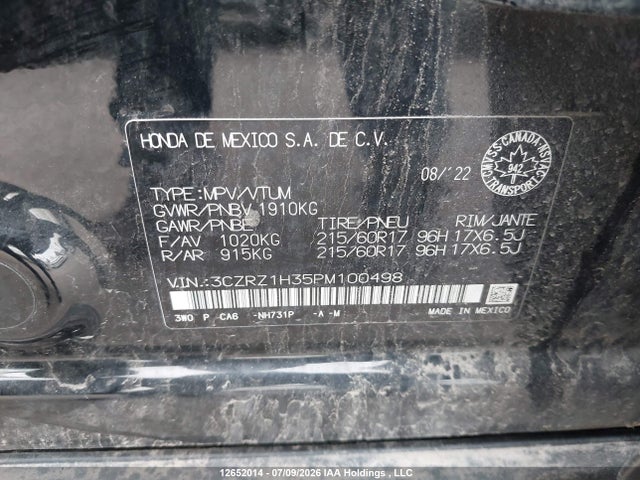 12652014 :رقم المزاد ، 3CZRZ1H35PM100498 vin ، 2023 Honda Hr-v Lx مزاد بيع