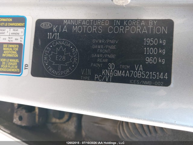 12652015 :رقم المزاد ، KNAGM4A70B5215144 vin ، 2011 Kia Optima Lx مزاد بيع
