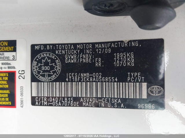 12652017 :رقم المزاد ، 4T1BF3EK8AU568554 vin ، 2010 Toyota Camry مزاد بيع