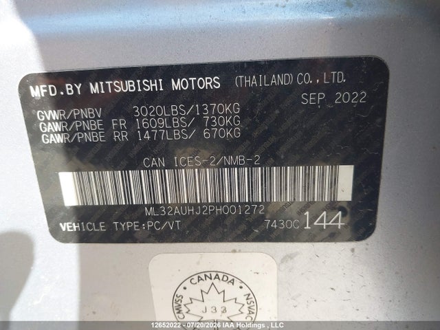 2023 Mitsubishi Mirage Es/se მანქანა იყიდება აუქციონზე, vin: ML32AUHJ2PH001272, აუქციონის ნომერი: 12652022