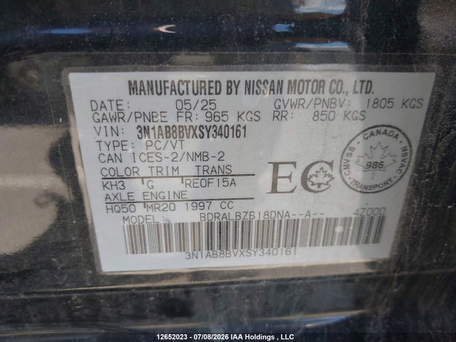 12652023 :رقم المزاد ، 3N1AB8BVXSY340161 vin ، 2025 Nissan Sentra S Mt 6mt/s Plus Cvt مزاد بيع