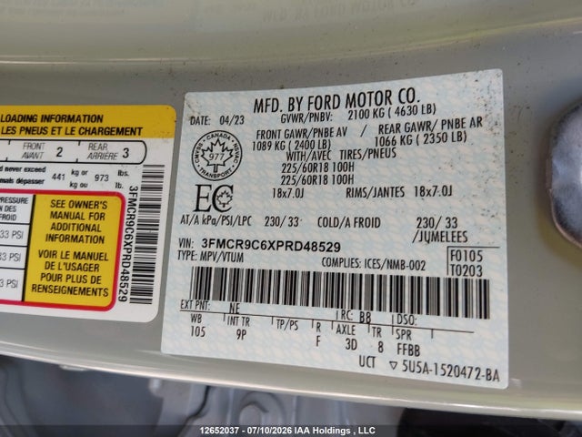 12652037 :رقم المزاد ، 3FMCR9C6XPRD48529 vin ، 2023 Ford Bronco Sport Outer Banks مزاد بيع