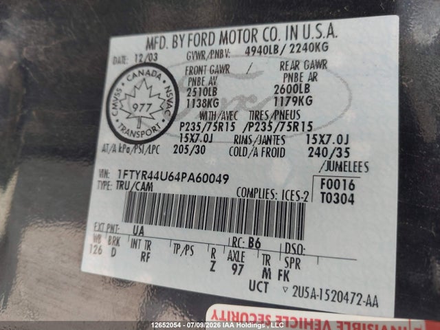 2004 Ford Ranger Edge/tremor/xl მანქანა იყიდება აუქციონზე, vin: 1FTYR44U64PA60049, აუქციონის ნომერი: 12652054