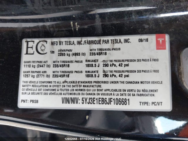 5YJ3E1EB6JF106681 Tesla Model 3 Long Range/performance