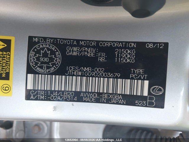 Aukcja sprzedaży 2013 Lexus Es 300h 300h, vin: JTHBW1GG9D2003679, numer aukcji: 12652064