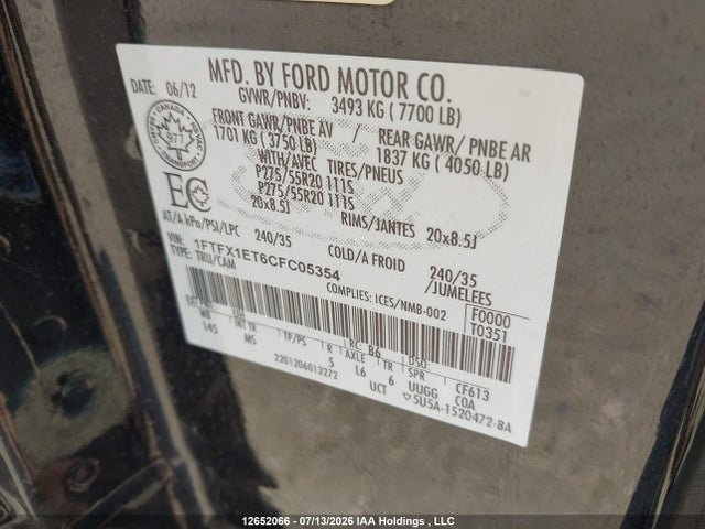 Aukcja sprzedaży 2012 Ford F150 Super Cab, vin: 1FTFX1ET6CFC05354, numer aukcji: 12652066
