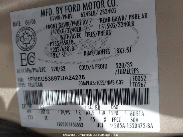 12652067 :رقم المزاد ، 1FMEU53897UA24238 vin ، 2007 Ford Explorer Sport Trac Limited مزاد بيع