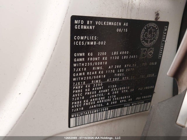 Продаж на аукціоні авто 2016 Volkswagen Tiguan Comfort/high/r-line/sp Ed, vin: WVGJV7AX5GW012500, номер лоту: 12652069