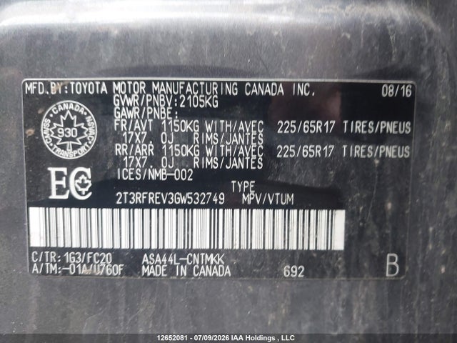 2T3RFREV3GW532749 Toyota Rav4 Xle