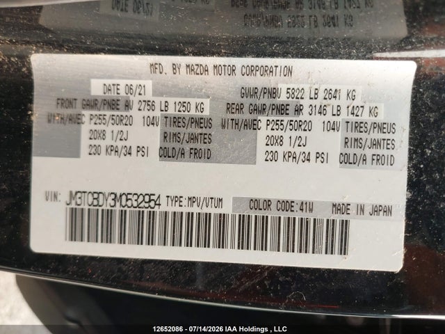 2021 Mazda Cx-9 Gt/kuro Edition მანქანა იყიდება აუქციონზე, vin: JM3TCBDY3M0532954, აუქციონის ნომერი: 12652086