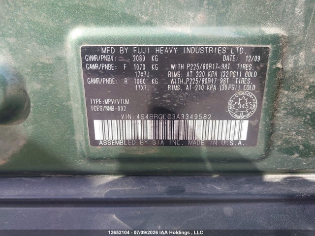 2010 Subaru Outback 2.5i Limited მანქანა იყიდება აუქციონზე, vin: 4S4BRGLC3A3349582, აუქციონის ნომერი: 12652104