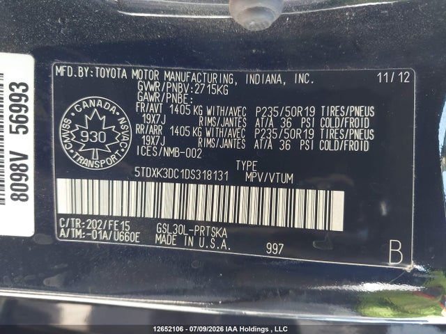 Продажа на аукционе авто 2013 Toyota Sienna Sport, vin: 5TDXK3DC1DS318131, номер лота: 12652106