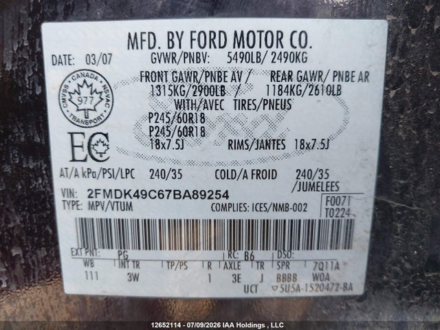 12652114 :رقم المزاد ، 2FMDK49C67BA89254 vin ، 2007 Ford Edge Sel Plus مزاد بيع