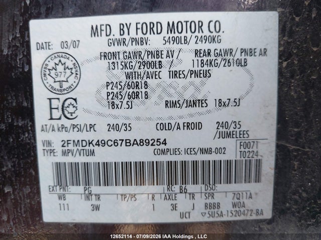 12652114 :رقم المزاد ، 2FMDK49C67BA89254 vin ، 2007 Ford Edge Sel Plus مزاد بيع
