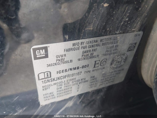12652118 :رقم المزاد ، 1GNSKJKC9FR181157 vin ، 2015 Chevrolet Suburban K1500 Lt مزاد بيع