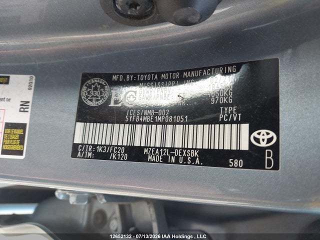 2021 Toyota Corolla მანქანა იყიდება აუქციონზე, vin: 5YFB4MBE1MP081051, აუქციონის ნომერი: 12652132