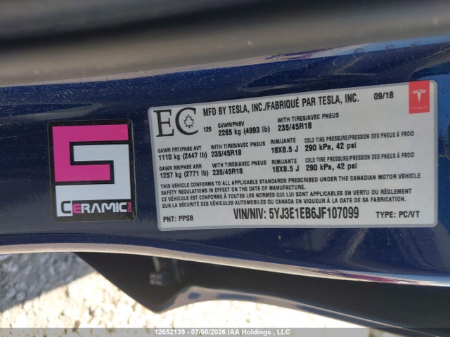 2018 Tesla Model 3 Long Range/performance მანქანა იყიდება აუქციონზე, vin: 5YJ3E1EB6JF107099, აუქციონის ნომერი: 12652139