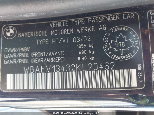 12652142 :رقم المزاد ، WBAEV13432KL20462 vin ، 2002 Bmw 320i مزاد بيع