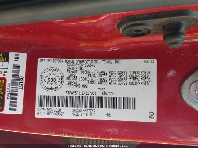2014 Toyota Tundra Crewmax Platinum მანქანა იყიდება აუქციონზე, vin: 5TFAY5F11EX327953, აუქციონის ნომერი: 12652147