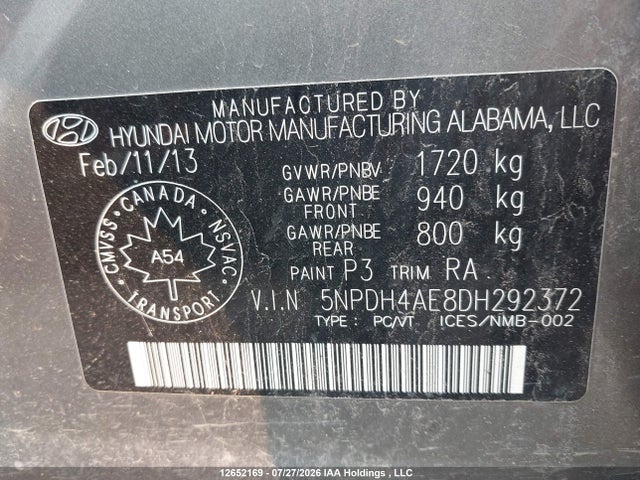 2013 Hyundai Elantra Gl მანქანა იყიდება აუქციონზე, vin: 5NPDH4AE8DH292372, აუქციონის ნომერი: 12652169