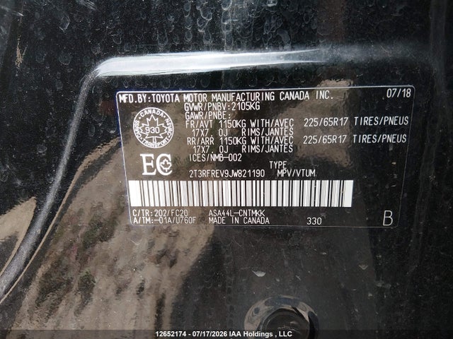 Aukcja sprzedaży 2018 Toyota Rav4 Adventure/xle, vin: 2T3RFREV9JW821190, numer aukcji: 12652174