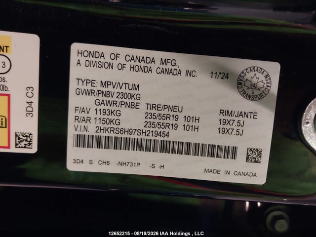 Auction sale of the 2025 Honda Cr-v Touring Hybrid, vin: 2HKRS6H97SH219454, lot number: 12652215