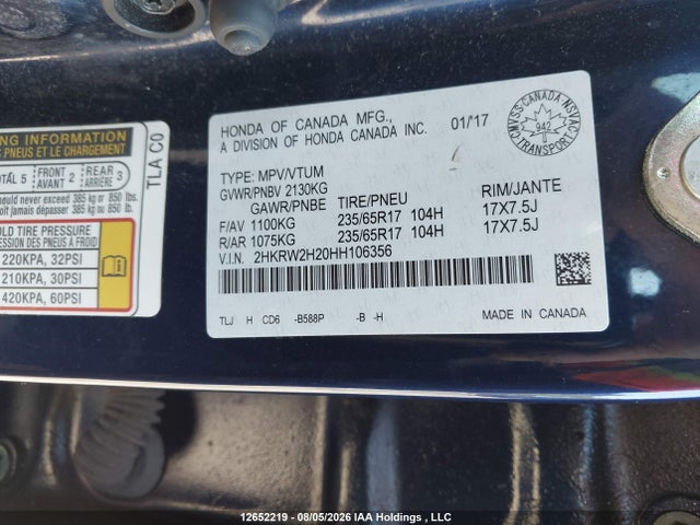 Продажа на аукционе авто 2017 Honda Cr-v, vin: 2HKRW2H20HH106356, номер лота: 12652219
