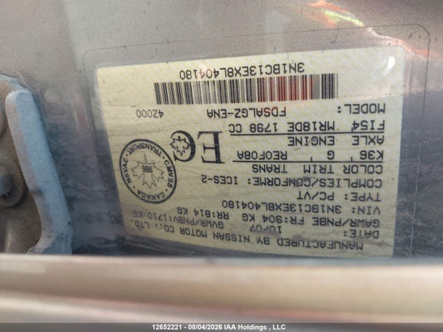 12652221 :رقم المزاد ، 3N1BC13EX8L404180 vin ، 2008 Nissan Versa 1.8 Sl مزاد بيع