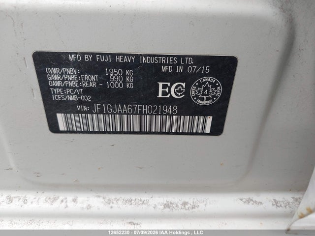 12652230 :رقم المزاد ، JF1GJAA67FH021948 vin ، 2015 Subaru Impreza مزاد بيع