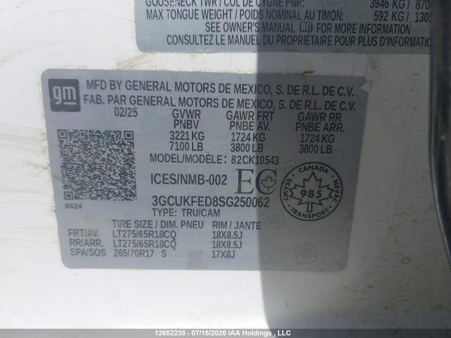 12652238 :رقم المزاد ، 3GCUKFED8SG250062 vin ، 2025 Chevrolet Silverado 1500 مزاد بيع