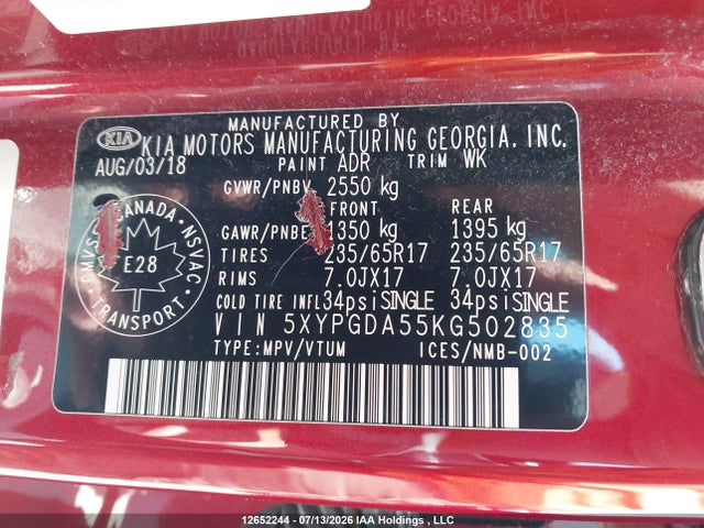 12652244 :رقم المزاد ، 5XYPGDA55KG502835 vin ، 2019 Kia Sorento 2.4l Lx/3.3l Lx مزاد بيع