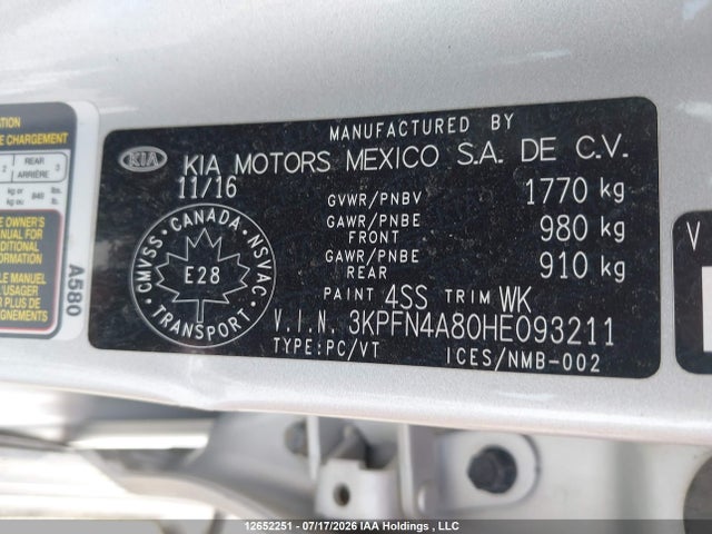 12652251 :رقم المزاد ، 3KPFN4A80HE093211 vin ، 2017 Kia Forte Ex/sx مزاد بيع