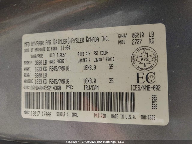 Aukcja sprzedaży 2005 Dodge Dakota Slt, vin: 1D7HW48N45S214368, numer aukcji: 12652257